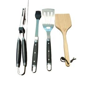 Pampered Chef BBQ Grilling Tools Fork Spatula Tongs Wood Scraper Set Of 4